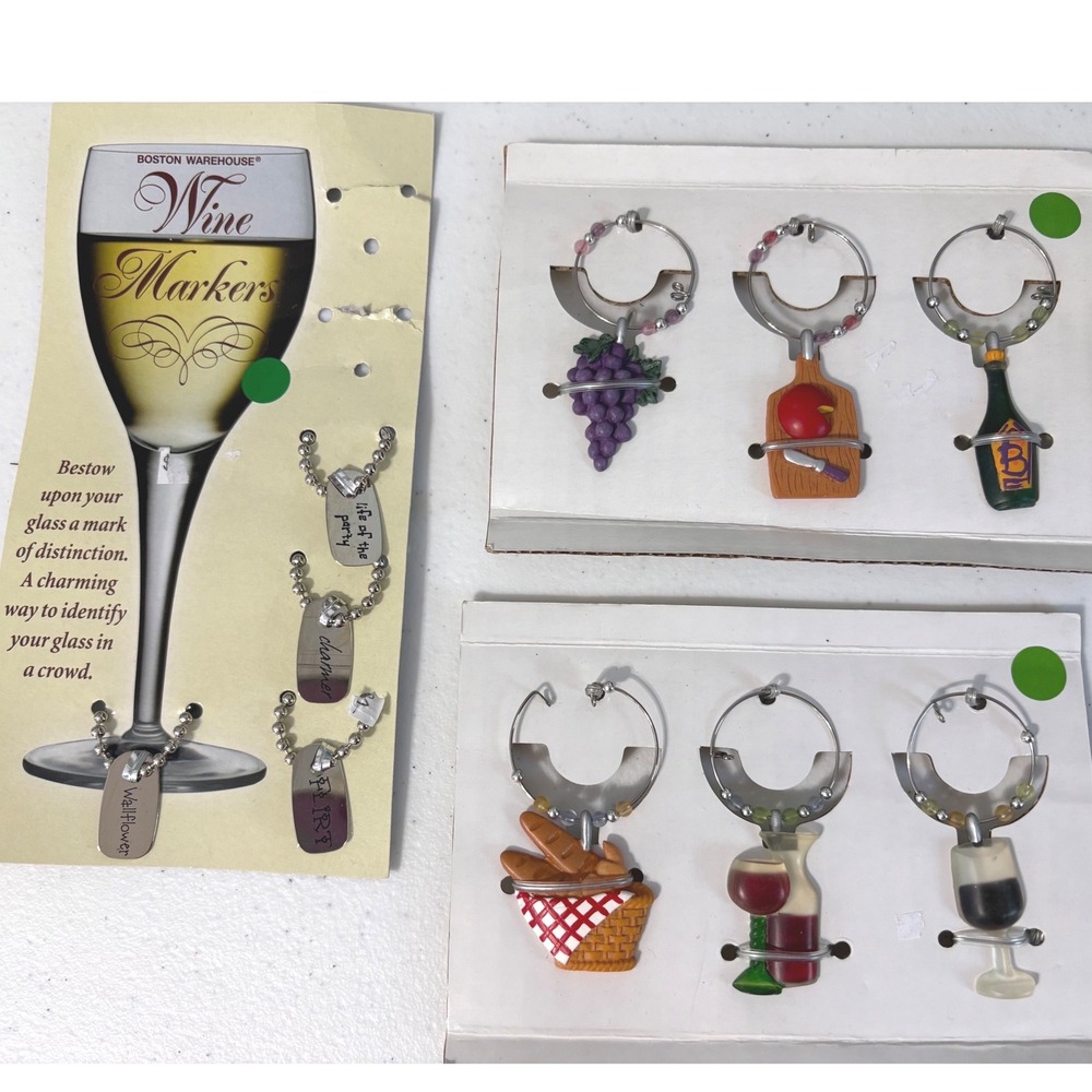 Boston Warehouse Wine Glass Markers Charms Vineyard Theme & Metal Word Tags 10pc